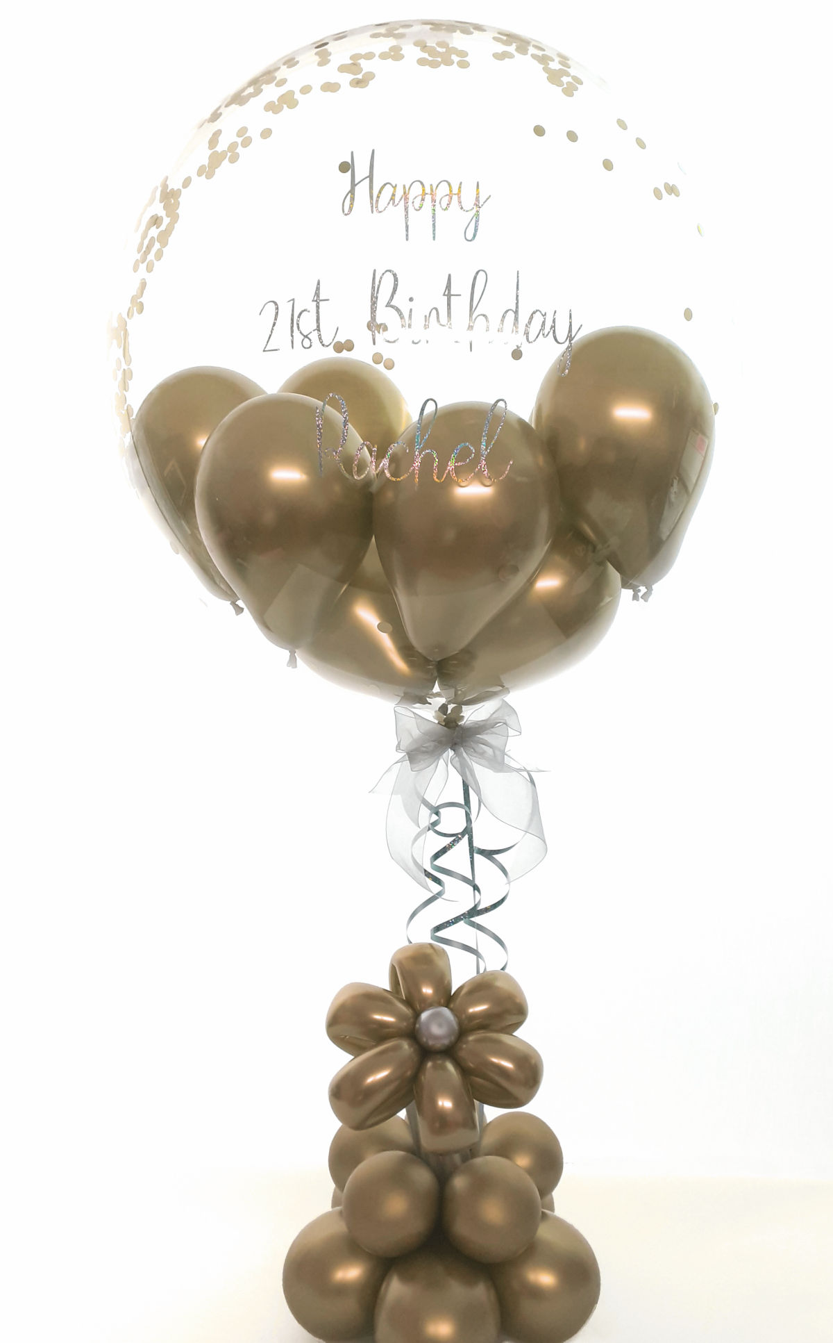 Balloon flower gift in a box, gold and silver